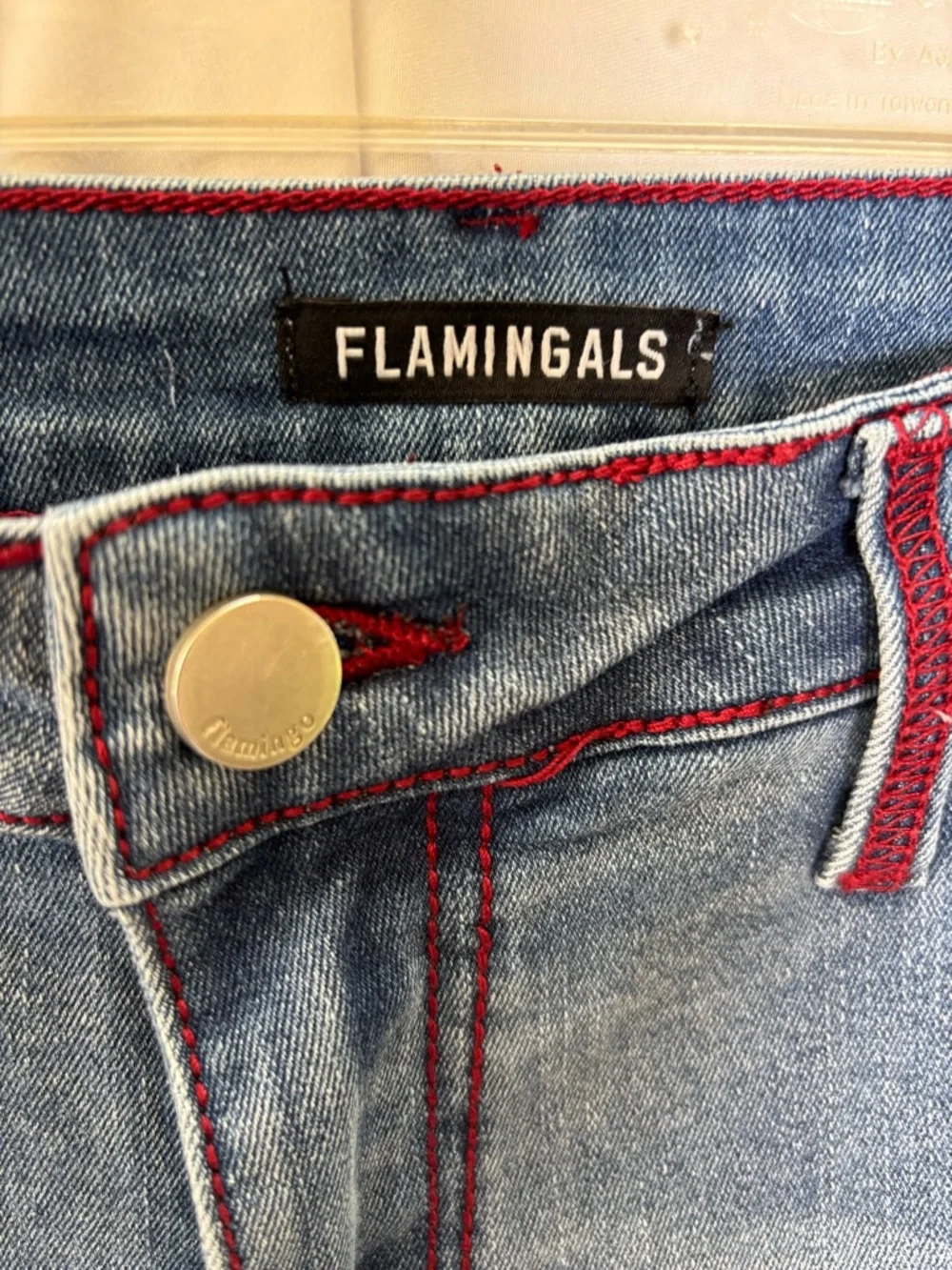 Flamingals Embroidered Red Crosses Distressed Blue Women's L 32x30 Flare Jeans - Picture 6 of 7